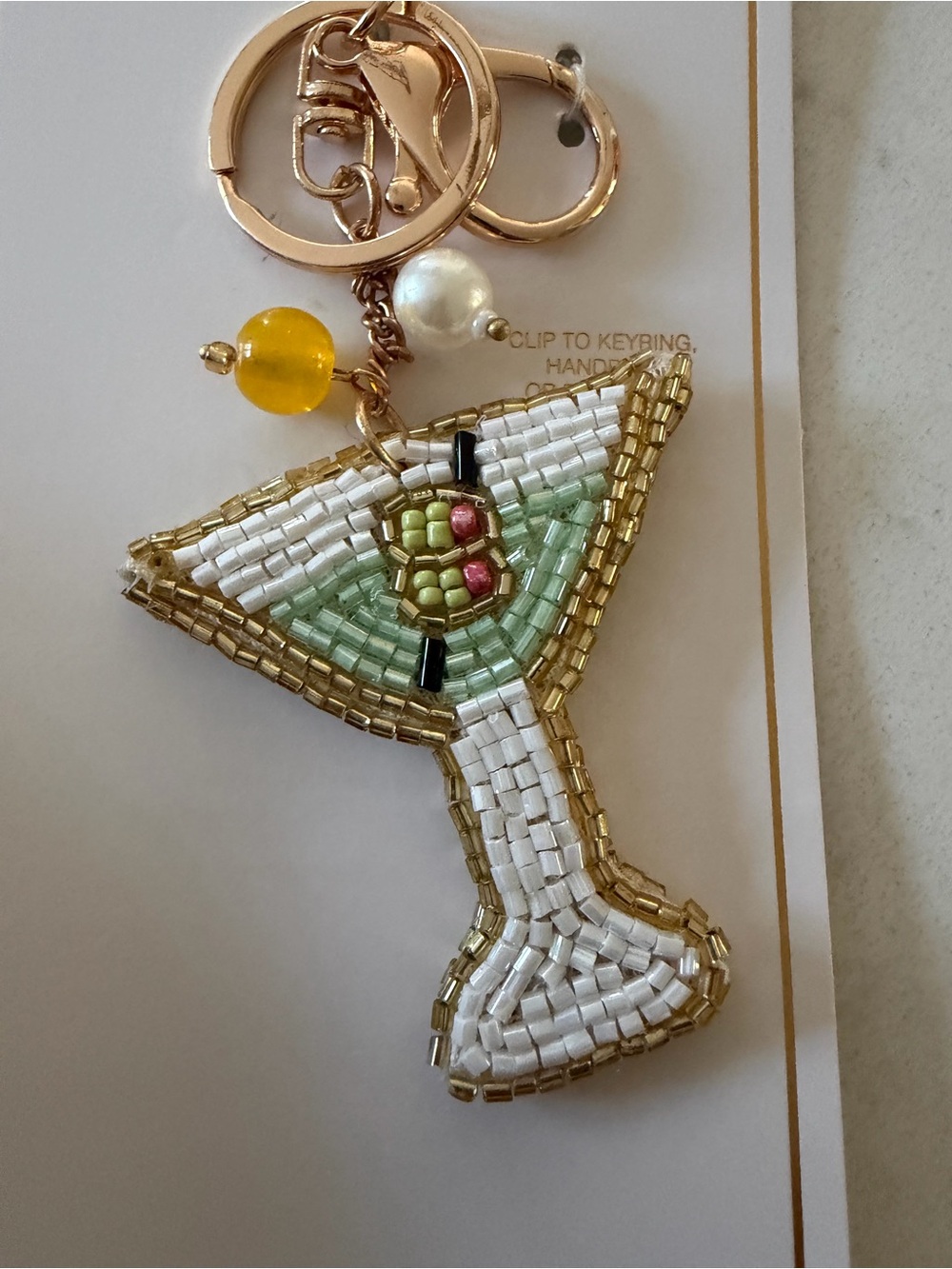 Anthropologie Gold and Green Beaded Martini Bag Charm & Key Chain - Picture 3 of 4